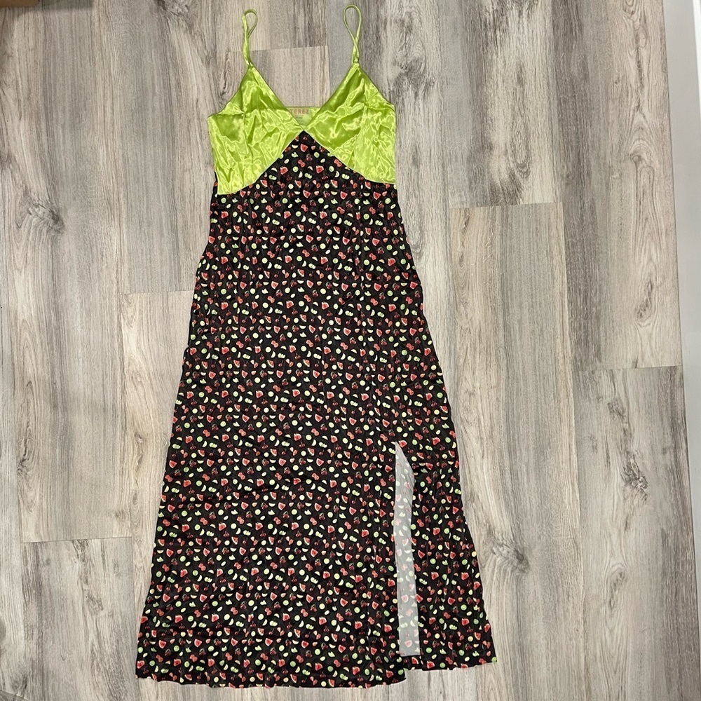 NWT Terez Satin Sleeveless V-Neck Maxi Dress Fruit Black Green Chartreuse Size S